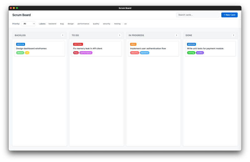 Scrum board kanban interface showing Backlog, To Do, In Progress, and Done columns